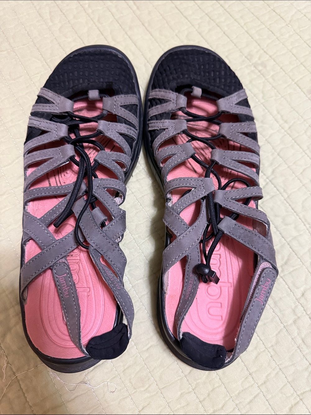 Jambu Women's Gray Strappy Sandal with Pink Footbed and Black Accents